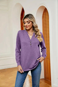 Buttoned Notched Neck Long Sleeve Top - Update AvenueTrendsi100101202119009100101202119009a7a4ccd073984856a0b11fb63e8fcf0a - MaxLavender
