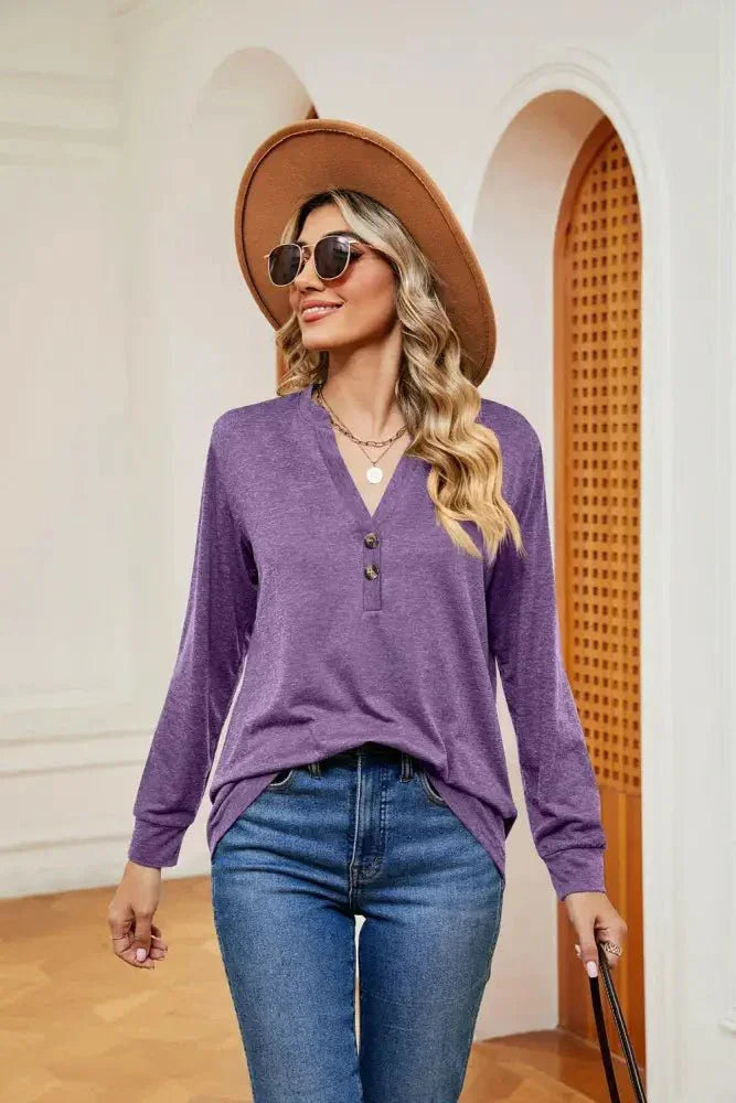 Buttoned Notched Neck Long Sleeve Top - Update AvenueTrendsi100101202119009100101202119009dc8aaee46ed148a1a175754049e8639c - MaxLavender