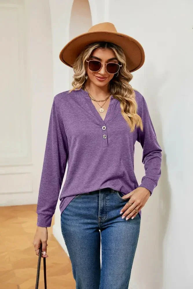 Buttoned Notched Neck Long Sleeve Top - Update AvenueTrendsi100101202119009100101202119009e8d363b2ce484719b32ff145fc573835 - MaxLavender
