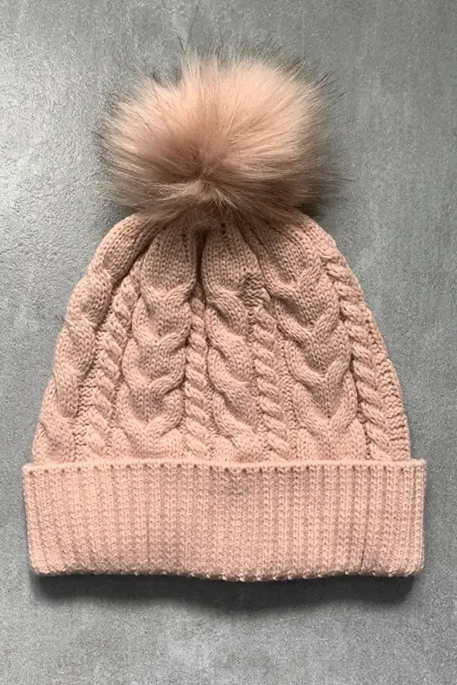 Cable-Knit Cuffed Hat with Pom-pom