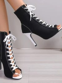 Canvas Lace-Up Peep Toe Stiletto Ankle Boots