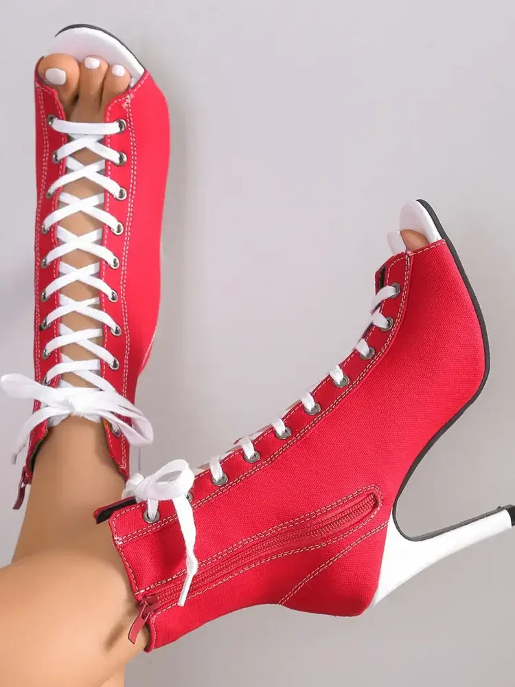 Canvas Lace-Up Peep Toe Stiletto Ankle Boots