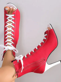 Canvas Lace-Up Peep Toe Stiletto Ankle Boots