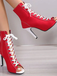 Canvas Lace-Up Peep Toe Stiletto Ankle Boots