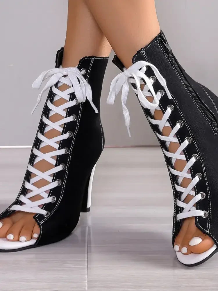 Canvas Lace-Up Peep Toe Stiletto Ankle Boots