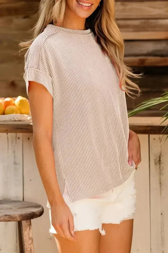 Casual Ribbed Short Sleeve Round Neck T-Shirt - Update AvenueT-ShirtsTrendsi100100902986321100100902986321f10c17aa - 6fc8 - 4726 - 8b05 - e82f4508b132 - Max - OriginBeige