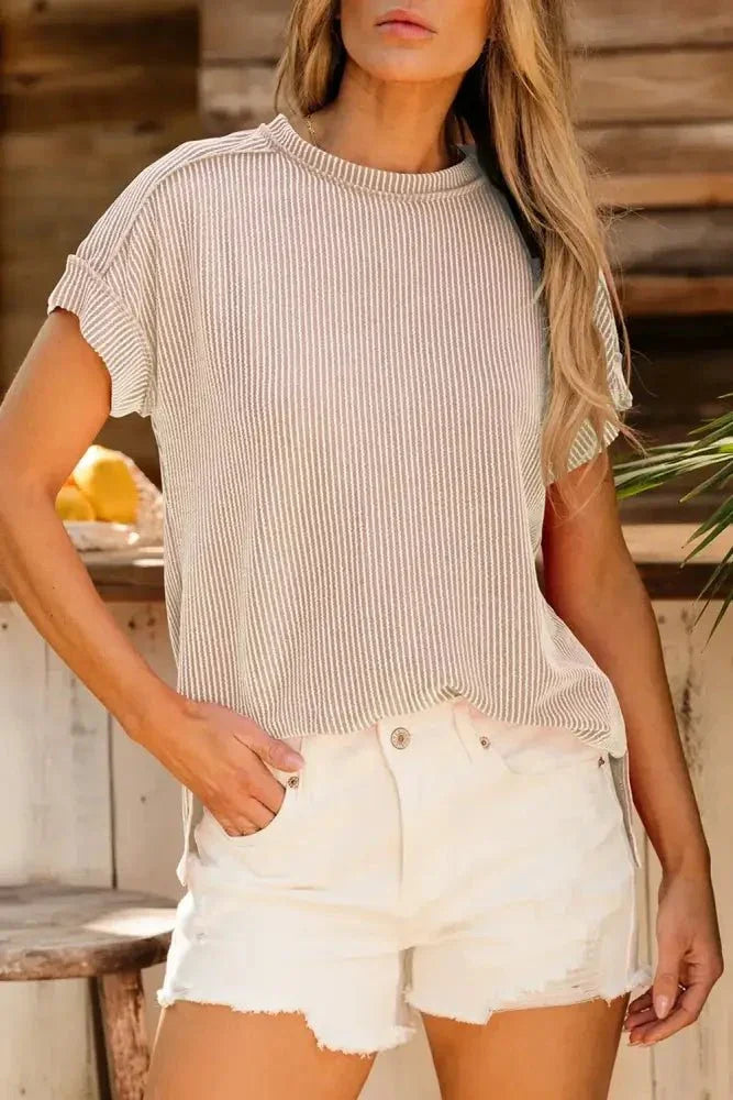 Casual Ribbed Short Sleeve Round Neck T-Shirt - Update AvenueT-ShirtsTrendsi1001009029863211001009029863215c5f7cd3 - d452 - 4316 - bdaa - ad63819aba16 - Max - OriginBeige