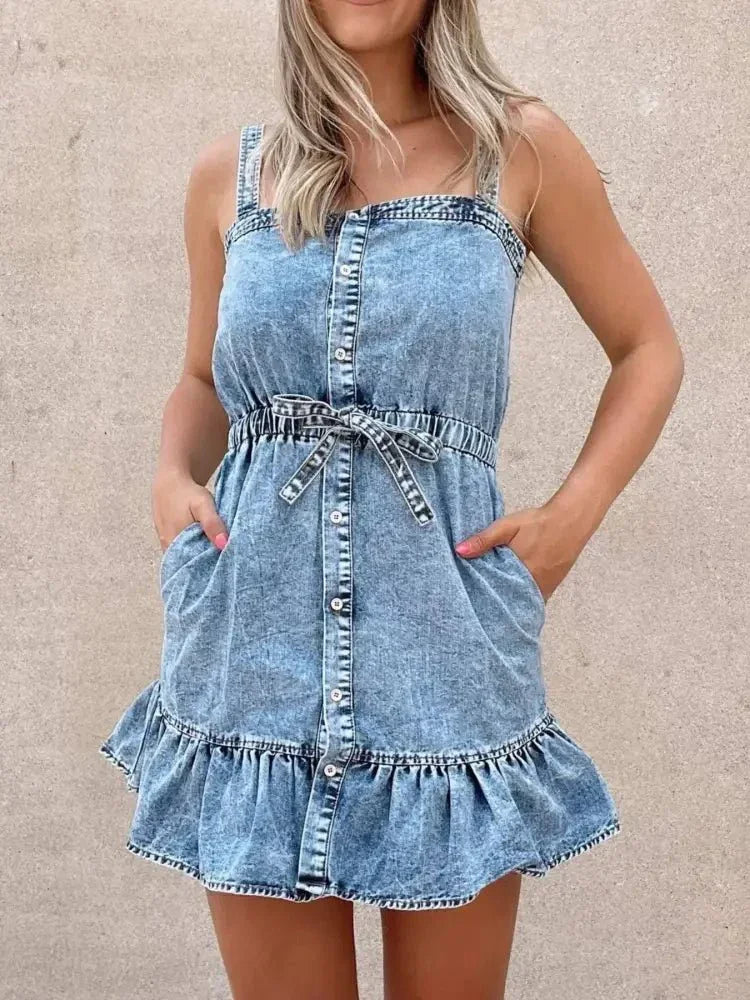 Casual Ruffled Hem Denim Mini Dress with Tie Waist - Update AvenueDenim Dresses & SkirtsTrendsi100100454413155100100454413155b4a29b04 - ba36 - 4f43 - be2d - bba0acd9b740 - Max - OriginLight Blue