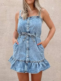 Casual Ruffled Hem Denim Mini Dress with Tie Waist - Update AvenueDenim Dresses & SkirtsTrendsi100100454413155100100454413155b4a29b04 - ba36 - 4f43 - be2d - bba0acd9b740 - Max - OriginLight Blue