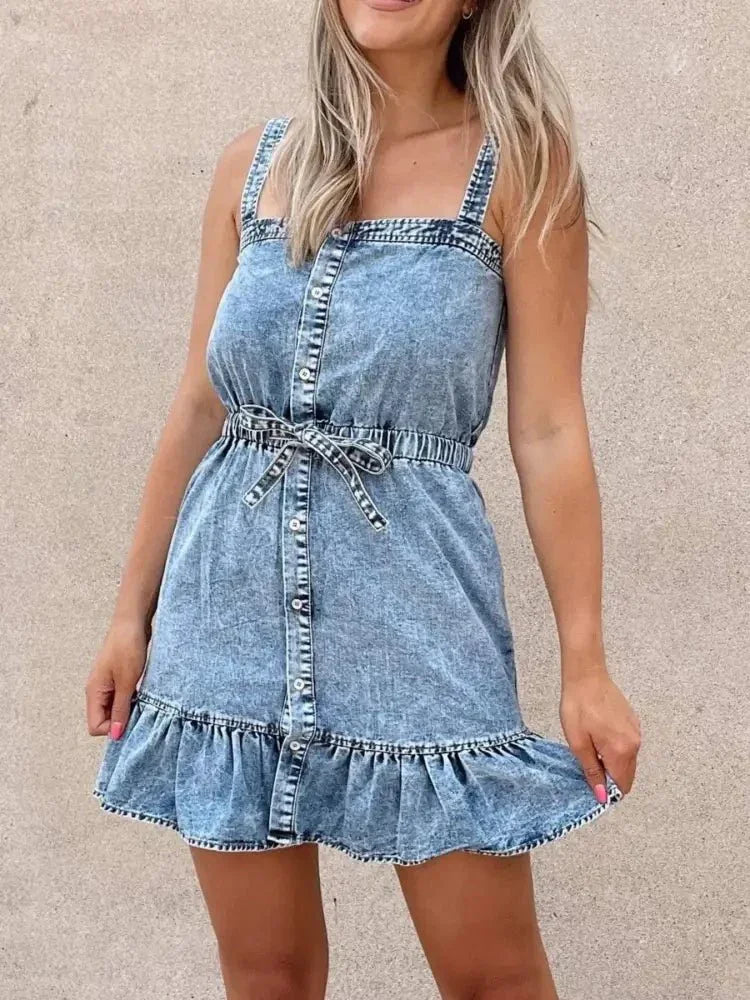 Casual Ruffled Hem Denim Mini Dress with Tie Waist - Update AvenueDenim Dresses & SkirtsTrendsi1001004544131551001004544131556ac3d8b3 - 3290 - 44a9 - 8880 - e23a2e1e5c75 - Max - OriginLight Blue