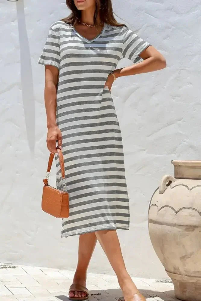 Casual Striped V - Neck Midi T-Shirt Dress - Update AvenueDaily EssentialsTrendsi100100171621863100100171621863897f74ee - 3fb9 - 4396 - 92cc - 61592ebb113b - MaxDark Gray