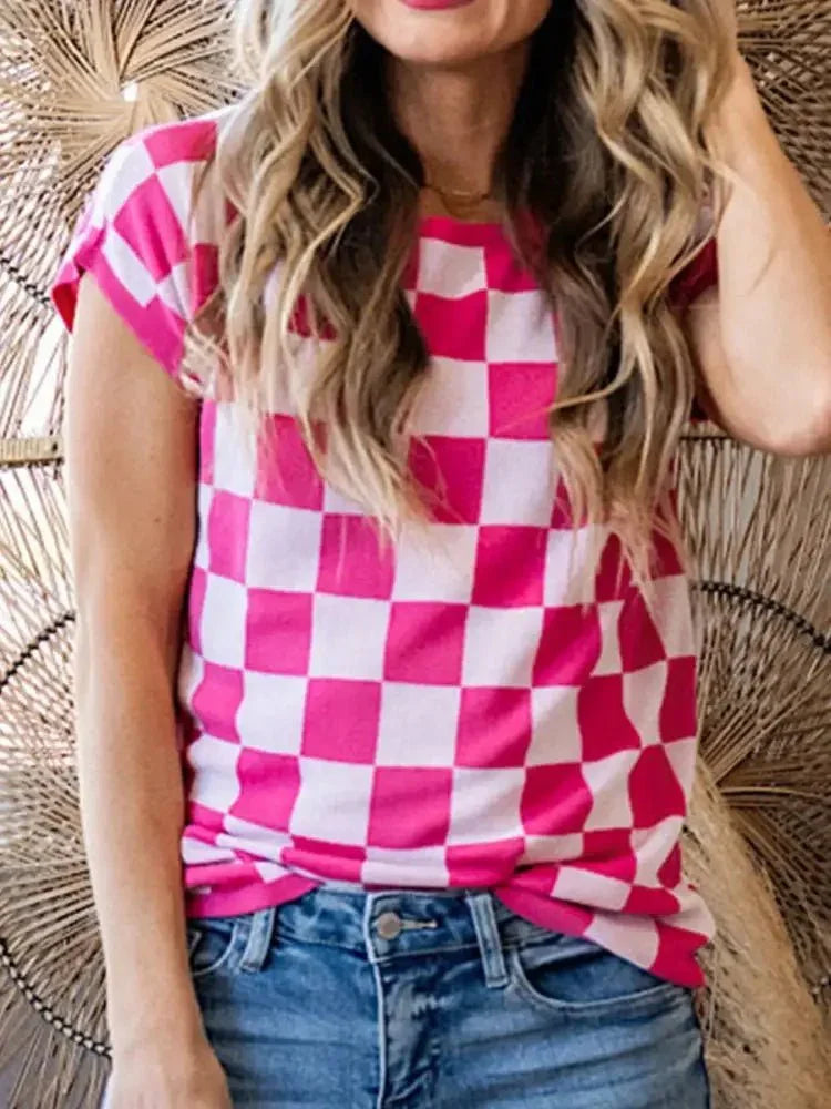 Checkered Cap Sleeve Casual Sweater Top - Update AvenueTrendsi1001007905315211001007905315215d4e2659 - 2b11 - 439c - b54a - 3d4447e64b4f - Max - OriginFuchsia Pink
