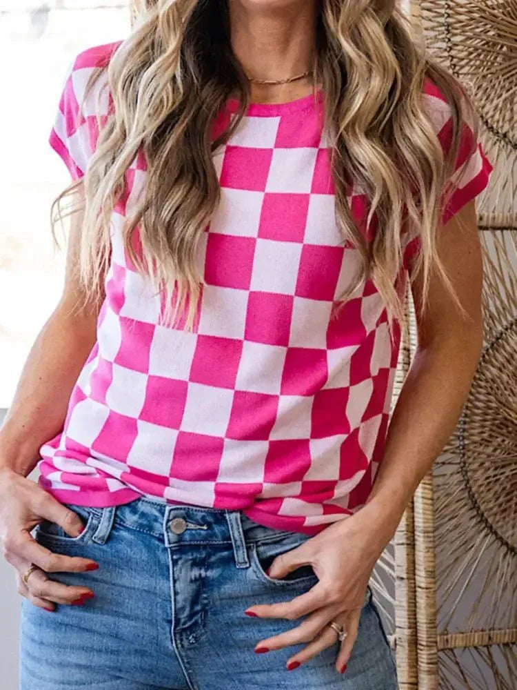 Checkered Cap Sleeve Casual Sweater Top - Update AvenueTrendsi10010079053152110010079053152119f3147e - d2d6 - 4f6b - 8773 - 44153a6f922d - Max - OriginFuchsia Pink