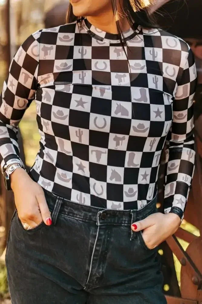 Checkered Mock Neck Long Sleeve Top - Update AvenueTrendsi10010074357112510010074357112553cba597 - 4c14 - 43e3 - 9b38 - 3d4dbc4894f0 - MaxBlack