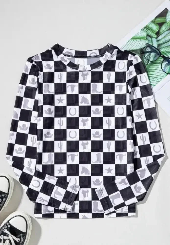 Checkered Mock Neck Long Sleeve Top - Update AvenueTrendsi100100743571125100100743571125325bf619 - 8b1f - 435e - a507 - 1c2233bc8942 - MaxBlack