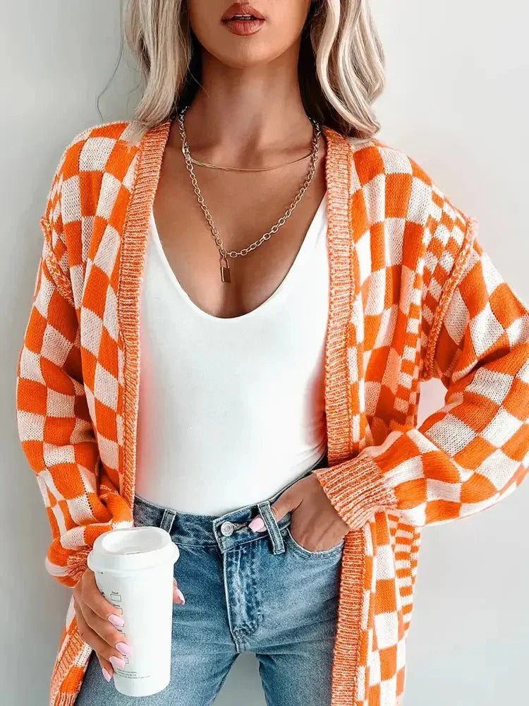 Checkered Pattern Open Front Cardigan - Update AvenueTrendsi100100388401162100100388401162870bee83 - 4c3e - 48ef - b118 - 252da85bba19 - Max - OriginTangerine