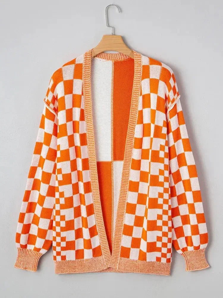 Checkered Pattern Open Front Cardigan - Update AvenueTrendsi100100388401162100100388401162a3065375 - b7f8 - 45c6 - 8a33 - c3096f30b889 - Max - OriginTangerine