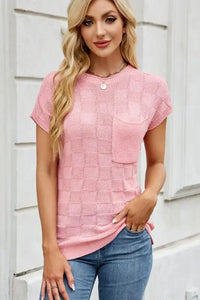 Checkered Round Neck Short Sleeve Knit Top - Update AvenueTrendsi10010070053573010010070053573042dab6a4 - a7ce - 4ccb - 893e - 47c2fdeac704 - MaxBlush Pink