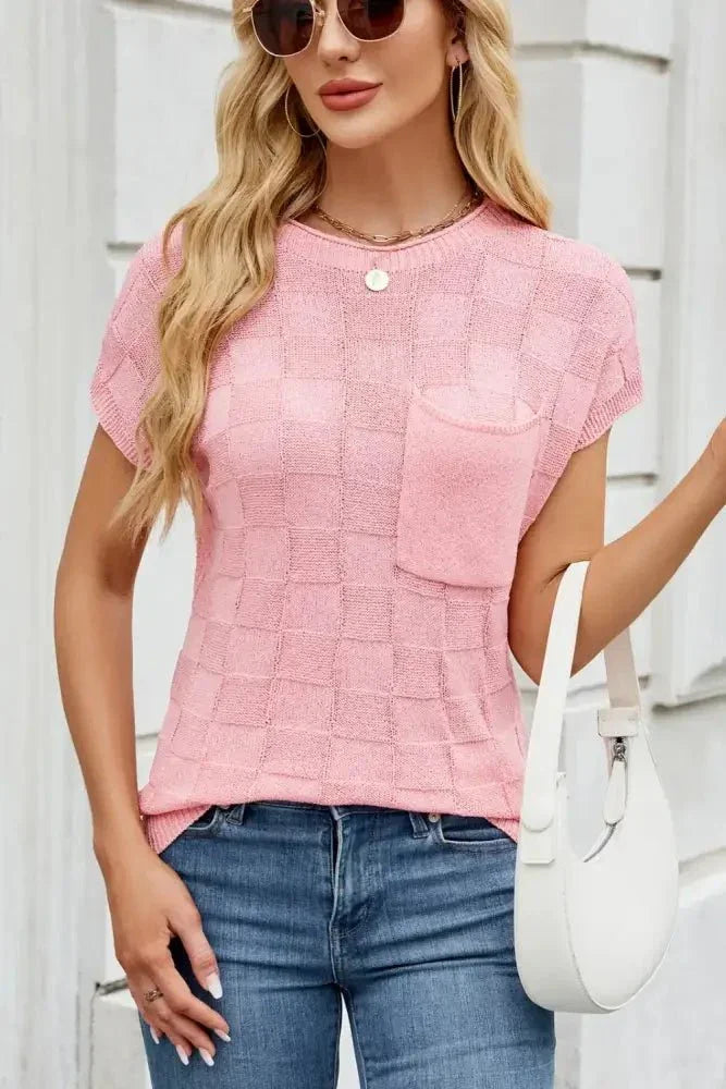 Checkered Round Neck Short Sleeve Knit Top - Update AvenueTrendsi100100700535730100100700535730339b45f2 - 6520 - 4432 - 8201 - 8b890b6f7103 - MaxBlush Pink