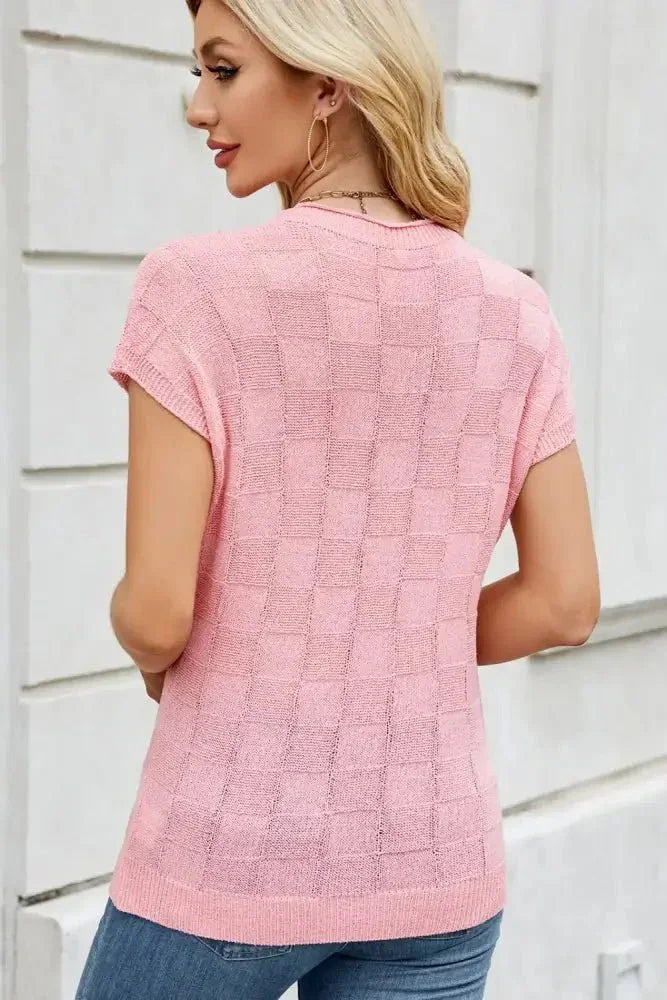Checkered Round Neck Short Sleeve Knit Top - Update AvenueTrendsi100100700535730100100700535730254252c2 - 6960 - 417e - b439 - 7cd0c6eca8d3 - MaxBlush Pink