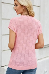 Checkered Round Neck Short Sleeve Knit Top - Update AvenueTrendsi100100700535730100100700535730254252c2 - 6960 - 417e - b439 - 7cd0c6eca8d3 - MaxBlush Pink