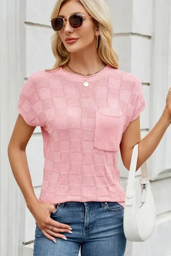 Checkered Round Neck Short Sleeve Knit Top - Update AvenueTrendsi10010070053573010010070053573037179d2e - 3c12 - 4285 - 8234 - 5e7d9b54797a - MaxBlush Pink