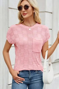 Checkered Round Neck Short Sleeve Knit Top - Update AvenueTrendsi10010070053573010010070053573037179d2e - 3c12 - 4285 - 8234 - 5e7d9b54797a - MaxBlush Pink