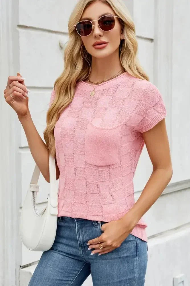 Checkered Round Neck Short Sleeve Knit Top - Update AvenueTrendsi1001007005357301001007005357309cf98057 - 33c6 - 4a01 - b3ed - 85aa6deefc23 - MaxBlush Pink