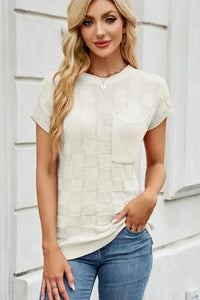 Checkered Round Neck Short Sleeve Knit Top - Update AvenueTrendsi1001007005361831001007005361835d1e1a39 - db66 - 493c - 8ce5 - 4d39b044a34c - MaxIvory