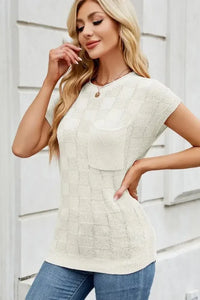 Checkered Round Neck Short Sleeve Knit Top - Update AvenueTrendsi100100700536183100100700536183b703e768 - f1dc - 4213 - a939 - 19f75e23afb8 - MaxIvory
