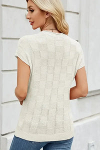 Checkered Round Neck Short Sleeve Knit Top - Update AvenueTrendsi10010070053618310010070053618392e99b12 - 23be - 4b6a - 9d2a - cef90f3c993f - MaxIvory