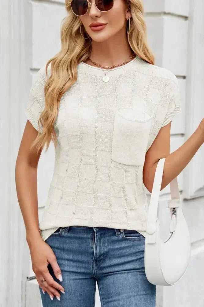 Checkered Round Neck Short Sleeve Knit Top - Update AvenueTrendsi10010070053618310010070053618355ea95b0 - f2e9 - 4cf1 - aa77 - d62a5d2cc191 - MaxIvory