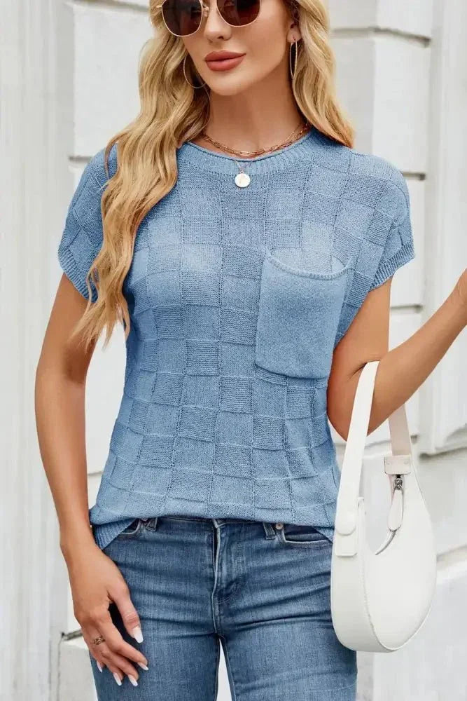 Checkered Round Neck Short Sleeve Knit Top - Update AvenueTrendsi1001007005365401001007005365407ad0db49 - 060b - 413d - 96db - 03c761c24531 - MaxSky Blue
