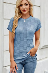 Checkered Round Neck Short Sleeve Knit Top - Update AvenueTrendsi10010070053654010010070053654089df100f - 8038 - 451c - b66a - 599accd76aff - MaxSky Blue