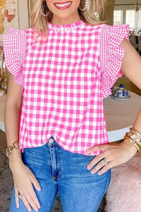 Checkered Ruffled Sleeve Frilled Neck Blouse - Update AvenueTrendsi1001000896455021001000896455022a5bf324 - b24b - 4e15 - 810a - 4dd30ecc814e - MaxFuchsia Pink