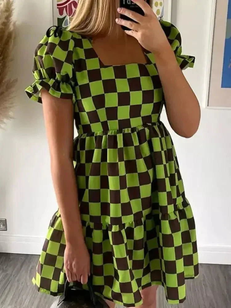 Checkered Short Sleeve Tiered Mini Dress - Update AvenueTrendsi100100093897182100100093897182182fa1a19dba44c5b3b494c255b7030d - Max - OriginGreen
