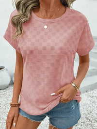 Checkered Textured Round Neck T-Shirt - Update AvenueT-ShirtsTrendsi100100619140037100100619140037abef1b56c9e54881ab9632b514661002 - Max - OriginDusty Pink