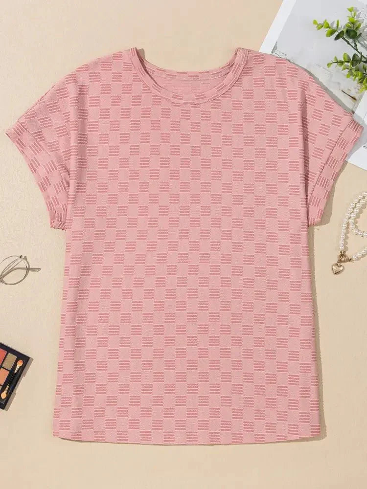 Checkered Textured Round Neck T-Shirt - Update AvenueT-ShirtsTrendsi10010061914003710010061914003790c33303bd654693897259b9abf5372e - Max - OriginDusty Pink