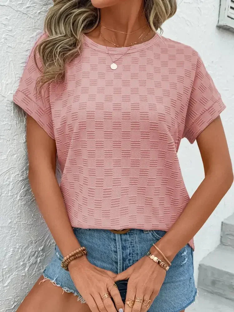 Checkered Textured Round Neck T-Shirt - Update AvenueT-ShirtsTrendsi10010061914003710010061914003754b7ba8225414158b6cffd7d2b3b4bf8 - Max - OriginDusty Pink