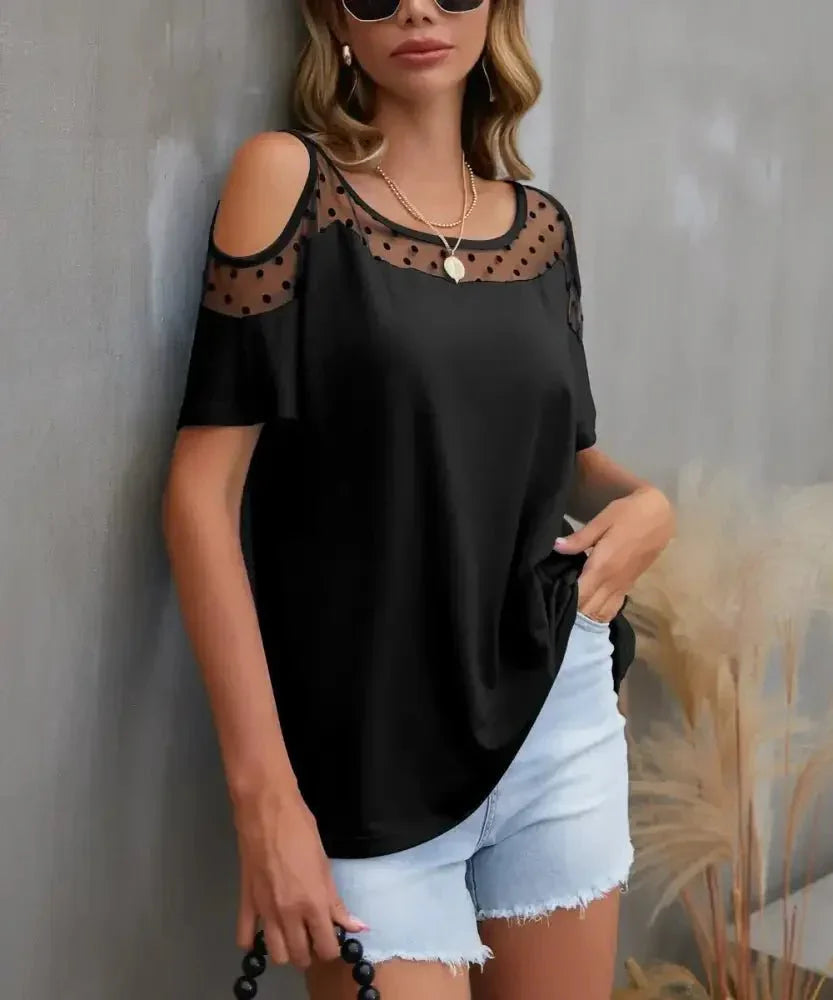 Cold Shoulder Mesh Polka Dot Top - Update AvenueT-ShirtsTrendsi1001000392813131001000392813130f56983d - 1aa2 - 4303 - 8bc8 - e9b1af682de9 - Max - OriginBlack