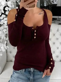 Cold Shoulder Ribbed Henley T-Shirt with Button Detail - Update AvenueT-ShirtsTrendsi100100127711984100100127711984ca224a53f55948f79f1f514033a4bade - Max - OriginBurgundy