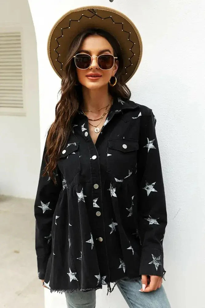 Collared Neck Star Print Long Sleeve Denim Jacket - Update AvenueTrendsi100100049139027100100049139027462b7727172c42a4a5b4408104ca6d62 - MaxBlack