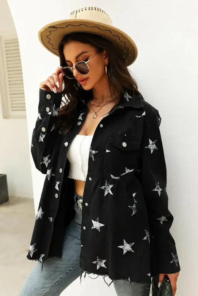 Collared Neck Star Print Long Sleeve Denim Jacket - Update AvenueTrendsi100100049139027100100049139027ec4998cf0a2646af8af4fc483c5a67f0 - MaxBlack