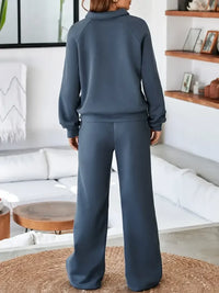 Collared Sweatshirt and High Waist Pants Active Set
