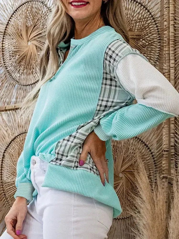 Color Block Plaid Notched Long Sleeve Top - Update AvenueTrendsi100100788961566100100788961566437143e8 - 4469 - 41f6 - a118 - 254fce79180c - Max - OriginTiffany Blue