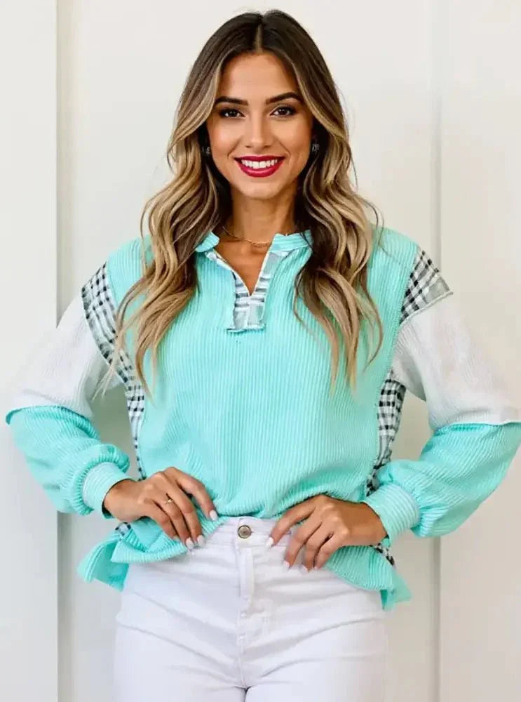 Color Block Plaid Notched Long Sleeve Top - Update AvenueTrendsi1001007889615661001007889615663d39e19e - 2b8d - 4866 - 8a76 - 100e2be8e183 - Max - OriginTiffany Blue