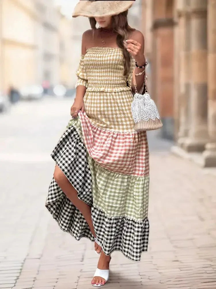 Color Block Plaid Off - Shoulder Maxi Dress - Update AvenueTrendsi10010086385362010010086385362080334ce9fe3b4cf38ae26f3ea1a7b9e4 - Max - OriginPlaid