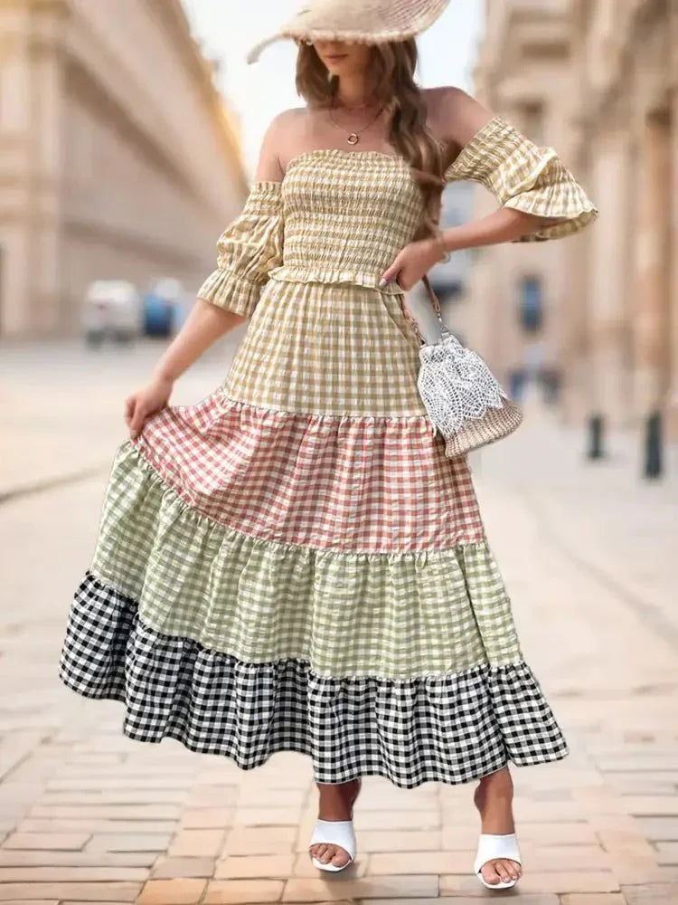 Color Block Plaid Off - Shoulder Maxi Dress - Update AvenueTrendsi1001008638536201001008638536206ee35a7df8b447ef8a9d629d180ce1d2 - Max - OriginPlaid