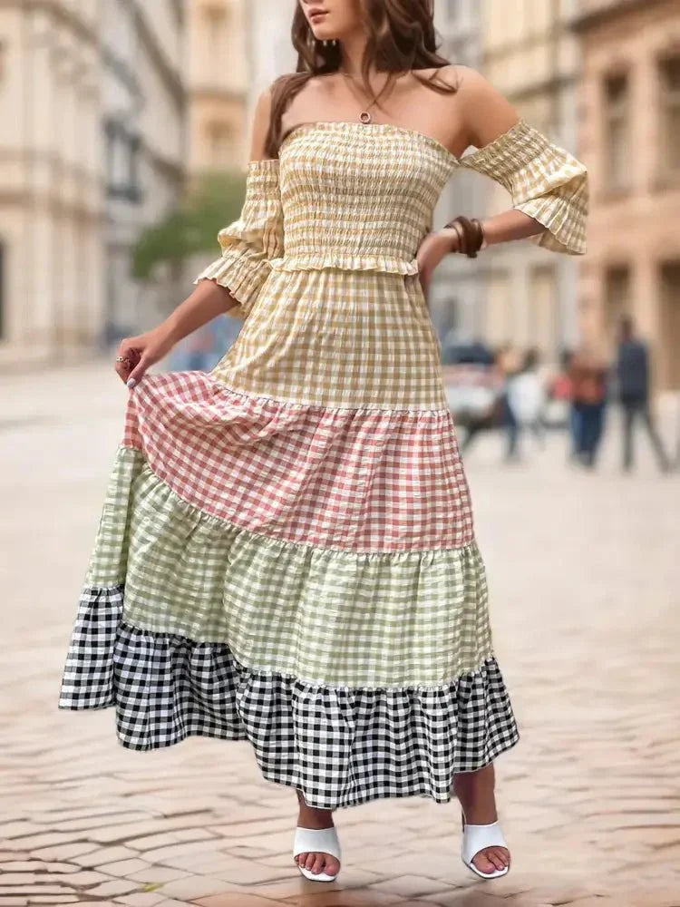 Color Block Plaid Off - Shoulder Maxi Dress - Update AvenueTrendsi10010086385362010010086385362070a1fe41f8c3484f9e0bbecfe8c51bd7 - Max - OriginPlaid