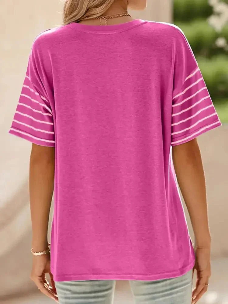Color Block Striped Sleeve Casual T-Shirt - Update AvenueT-ShirtsTrendsi100100987341112100100987341112f58197ef - 203c - 4a93 - 94cf - a55e81f01ea7 - Max - OriginHot Pink